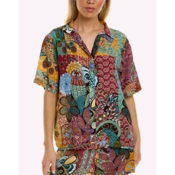 Johnny Was Brooklyn Long Pajama Set 2 Piece Shirt Pant Floral Owl Fox Silk Large - Picture 3 of 13